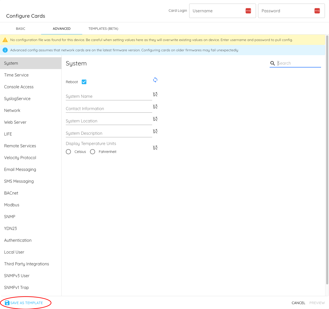 Save as Template from Advanced Config