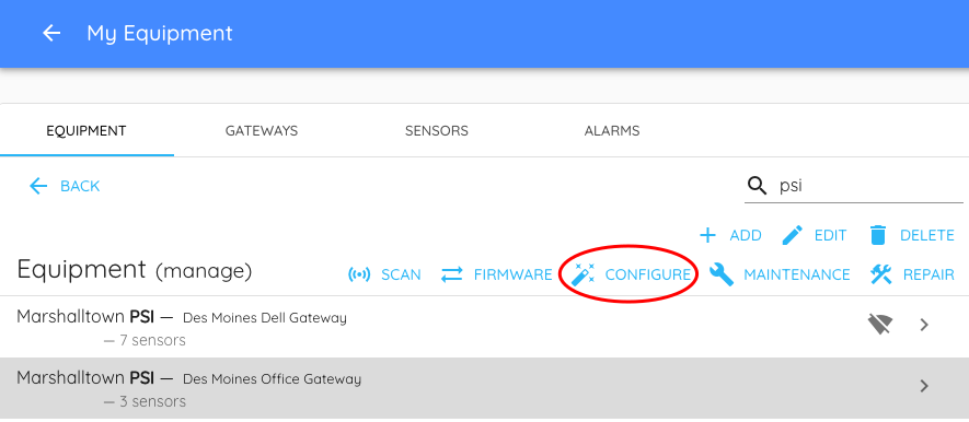 Configure Button on Equipment Page